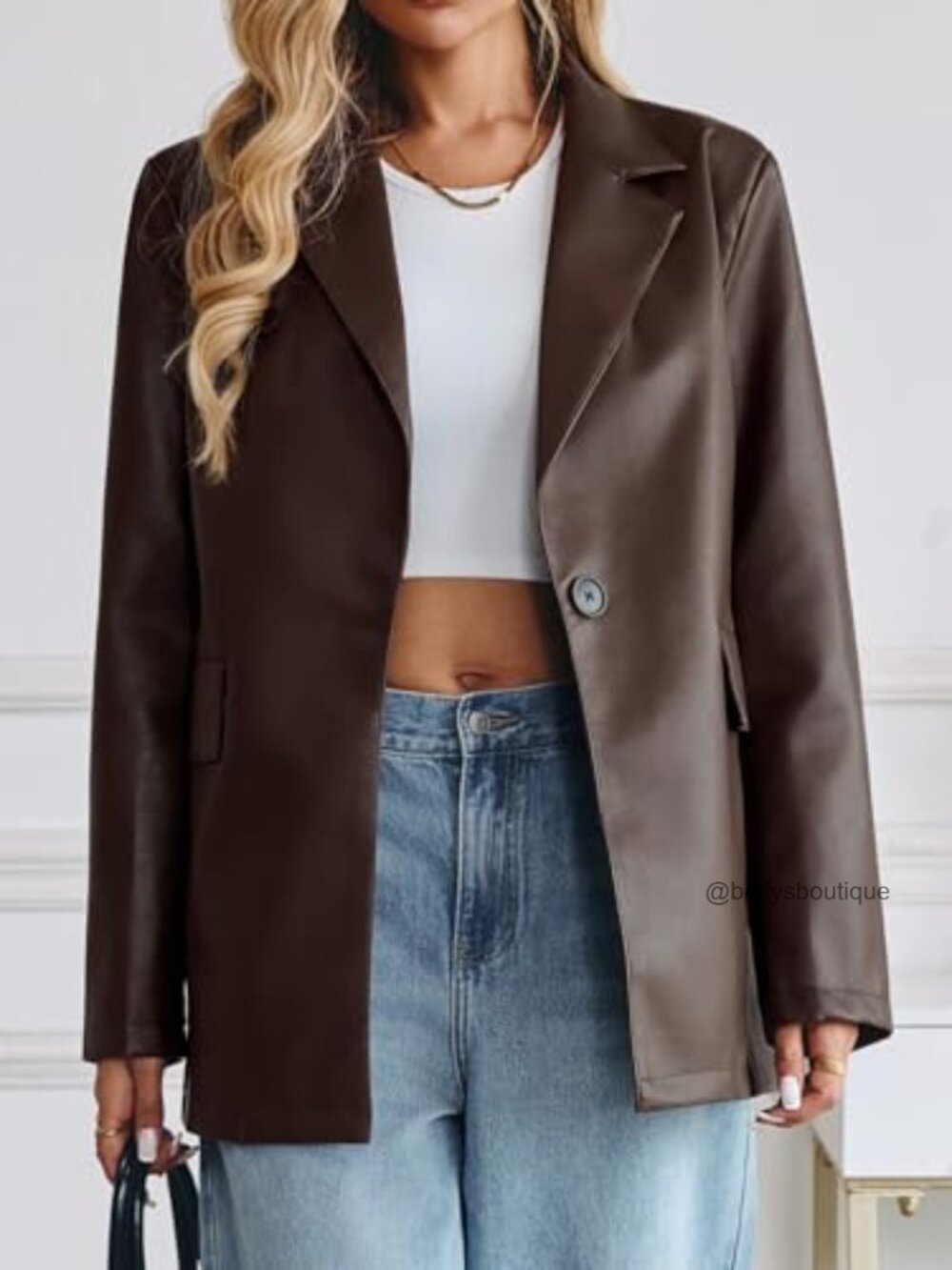 Oversized Faux Leather Bomber Blazer Jacket Button Down Lapel Coat - Picture 5 of 7